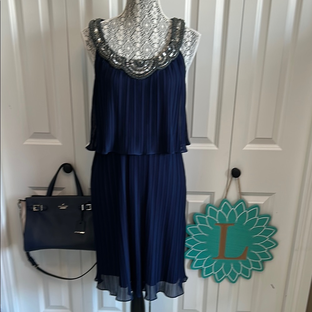 Donna Ricco Blue and Silver Tiered Pleated Dress
